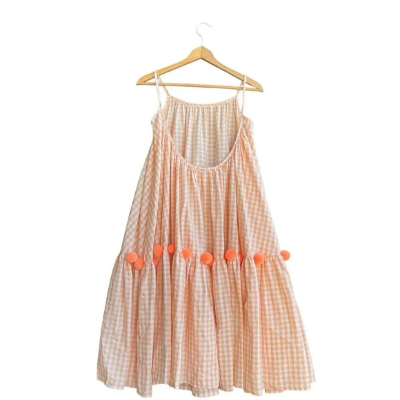 SUNDRESS BRAND Gingham Clea Swing Dress Women’s Size XS/S Peach Pompom Midi - Picture 4 of 5